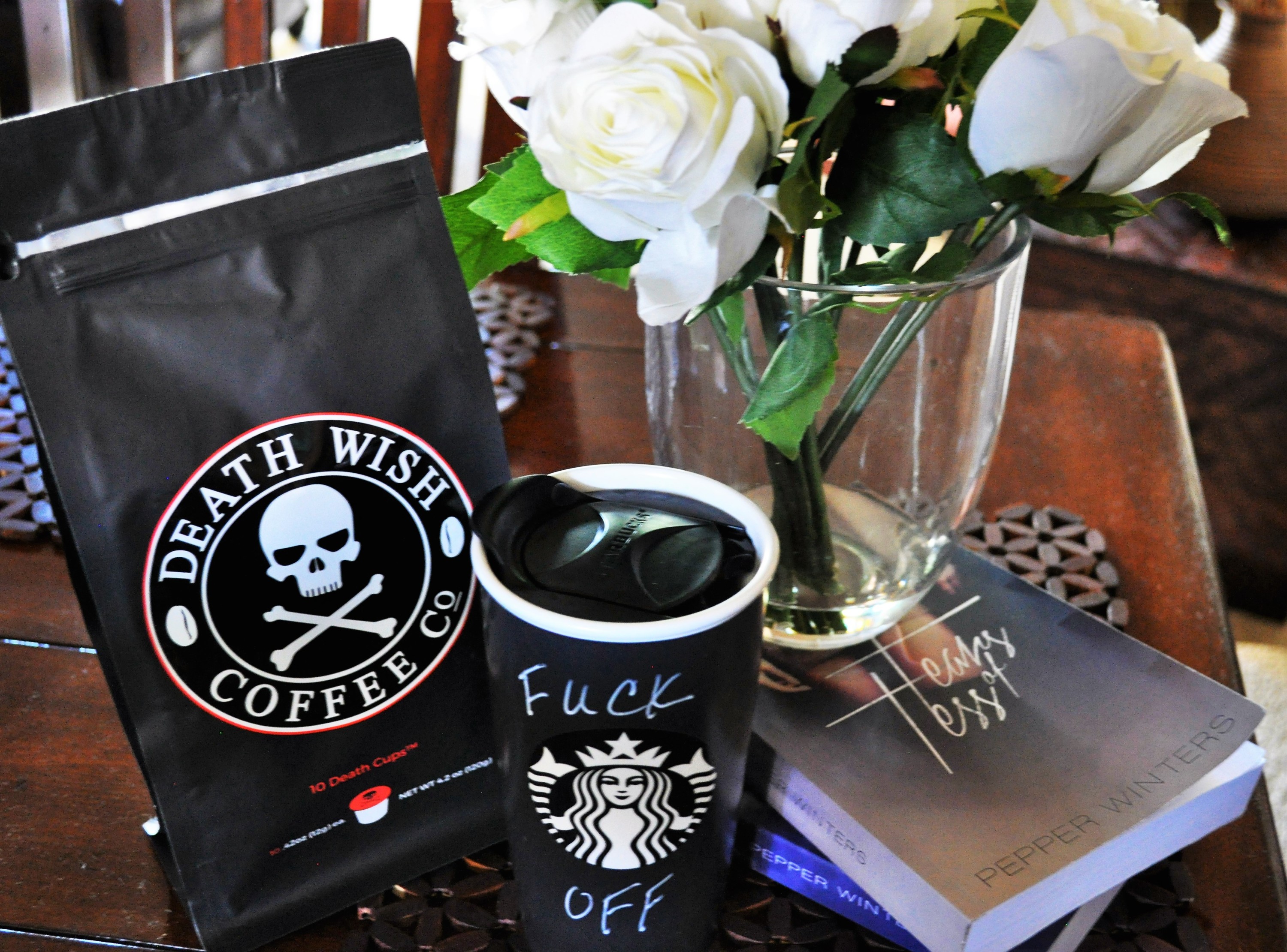 death wish coffee, starbucks writeable cup, table decor, kitchen decor