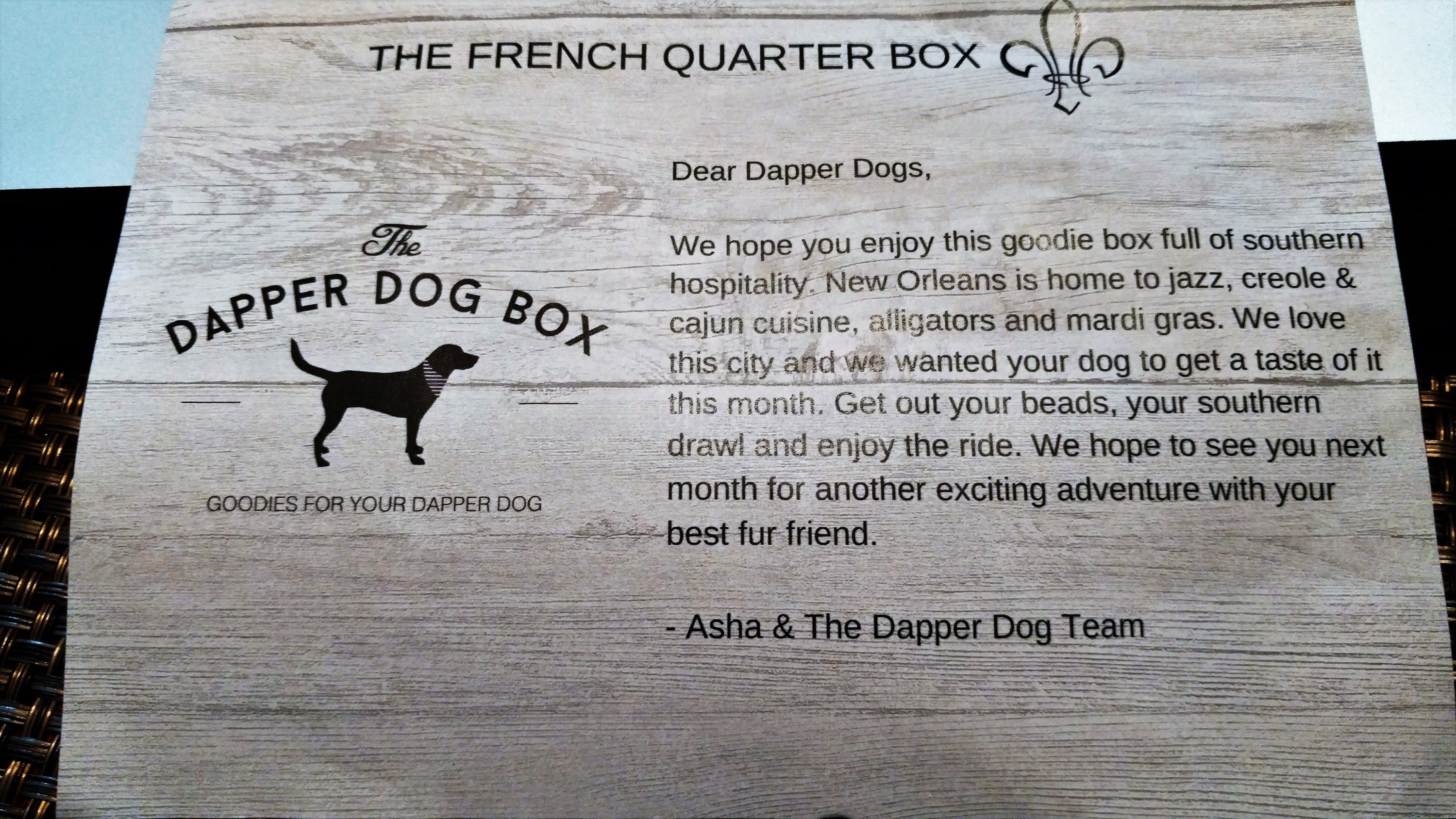Dapper Dog July 2016 Box Insert Front
