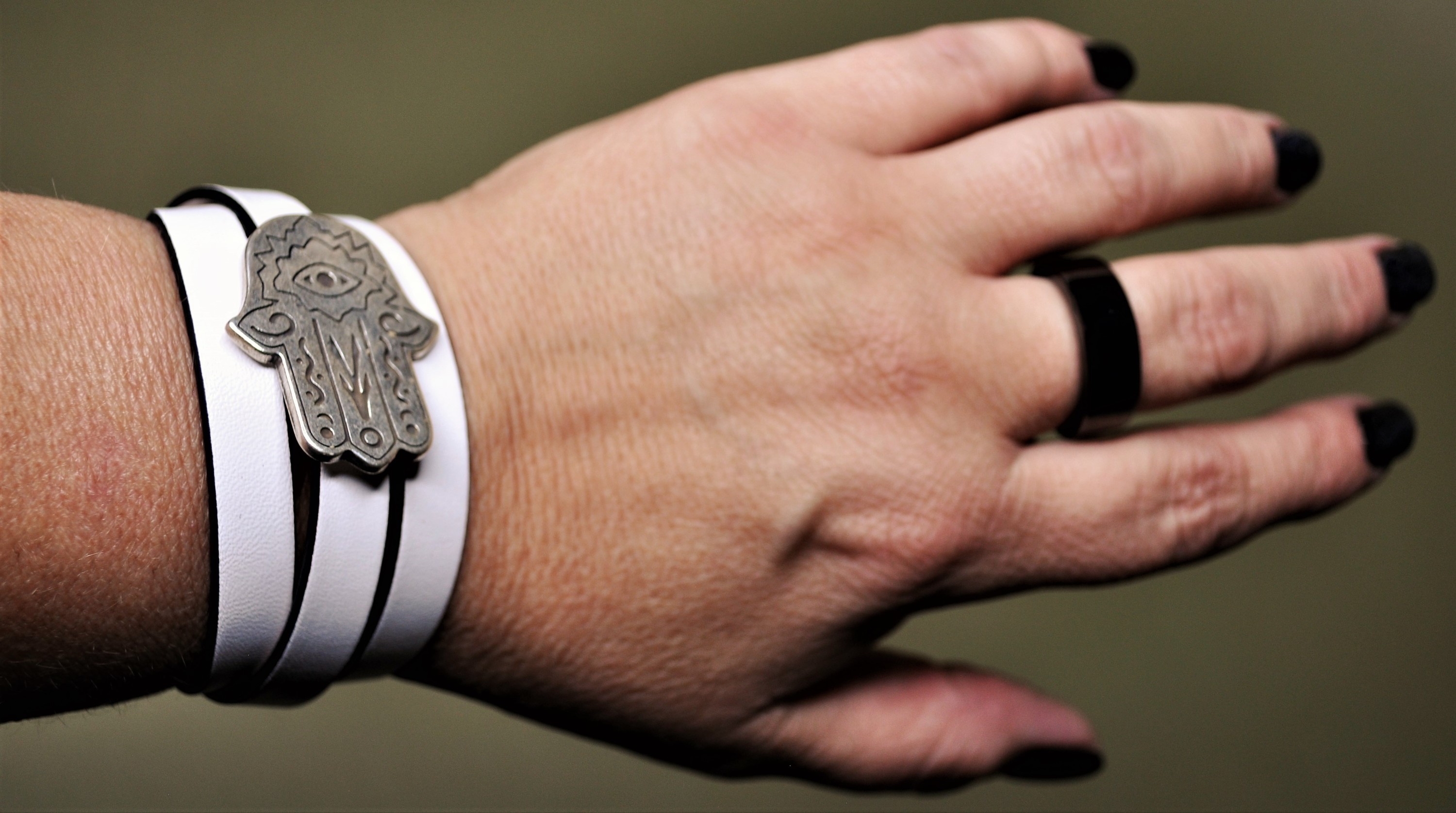 White Leather Hamsa Wrap Bracelet