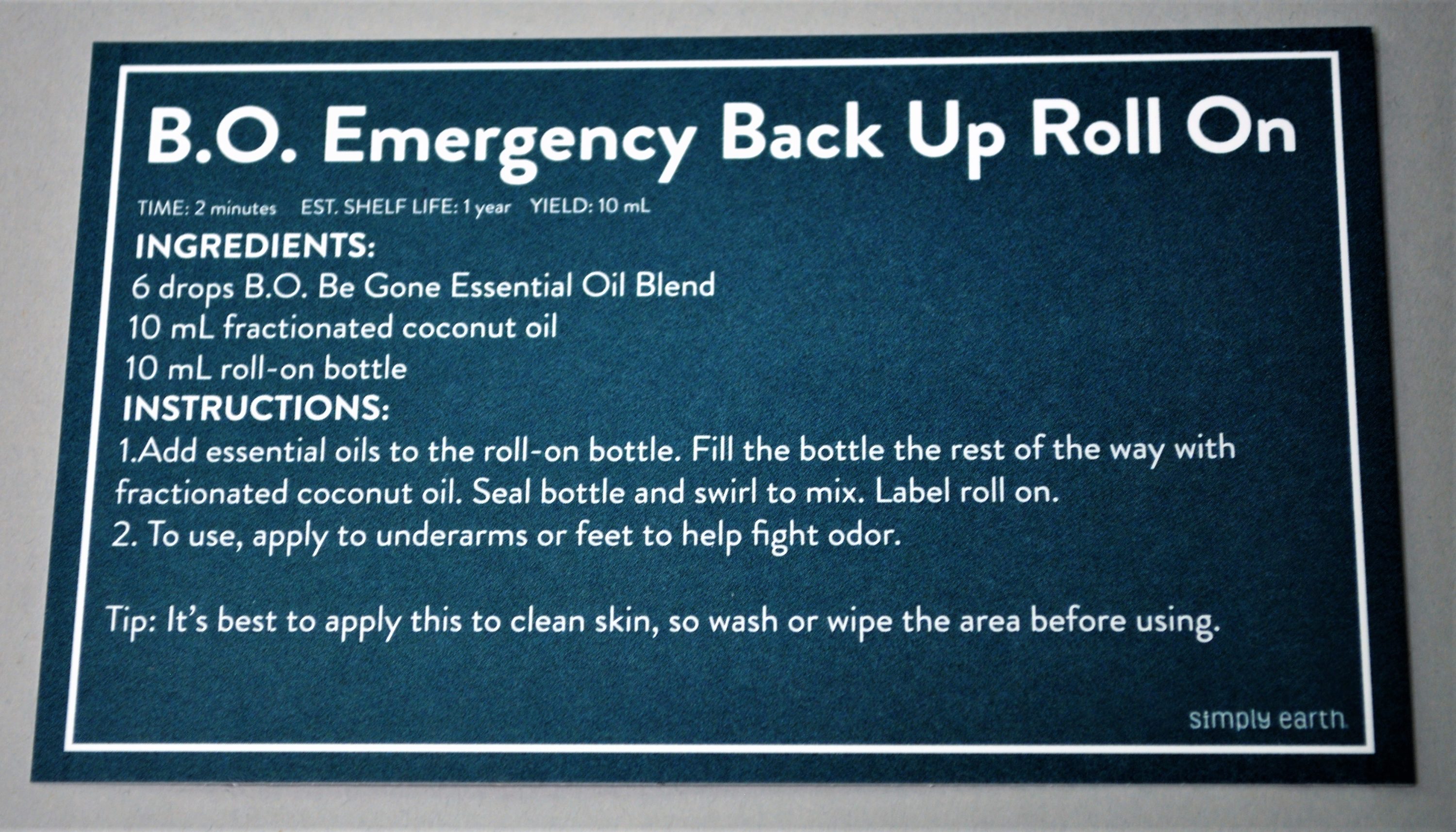 B.O. Emergency Back Up Roll On Recipe Card