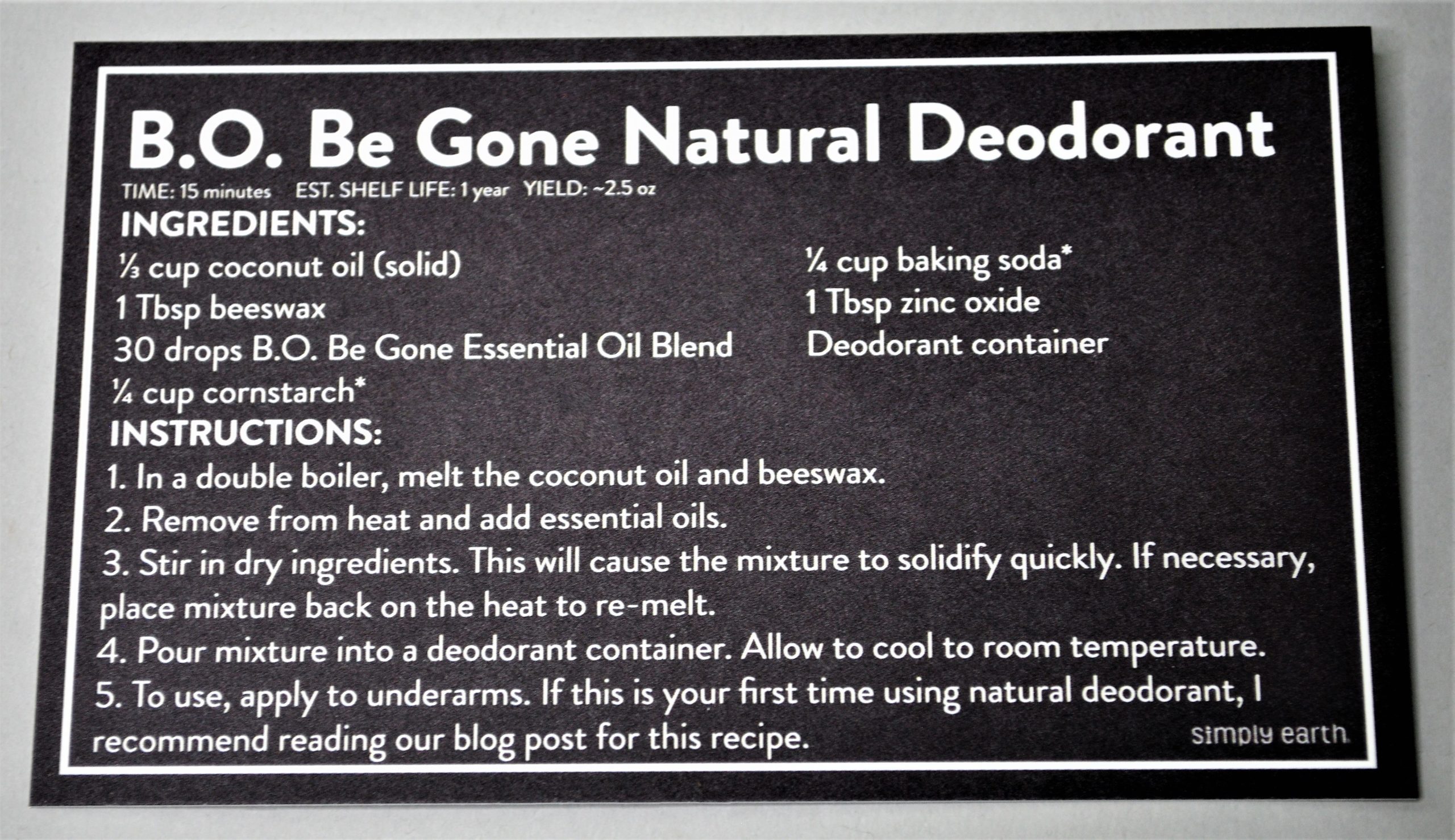 B.O. Be Gone Natural Deodorant Recipe Card