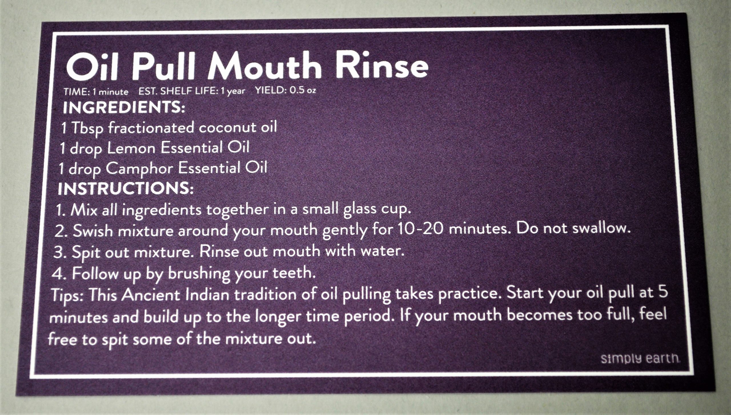 Si,mply Earth Oil Pull Mouth Rinse Recipe Card