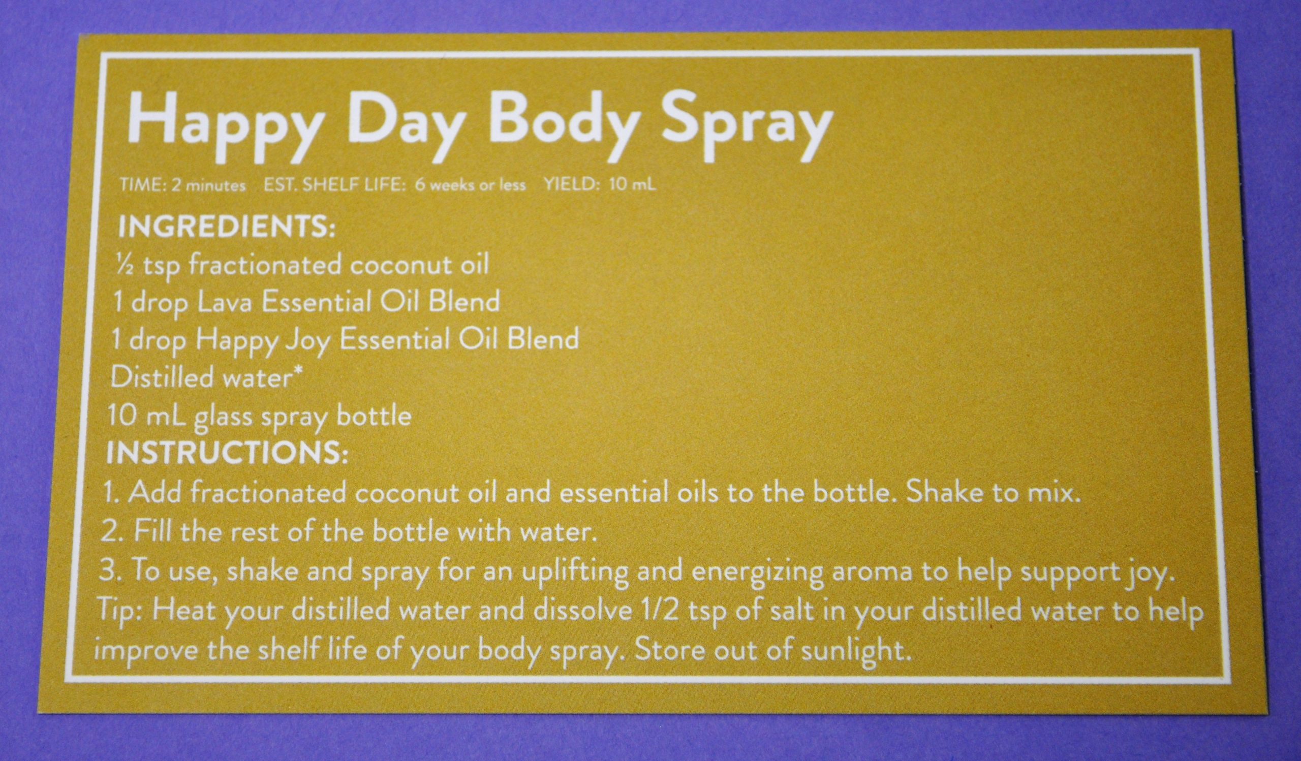 Happy Day Body Spray Recipe Card