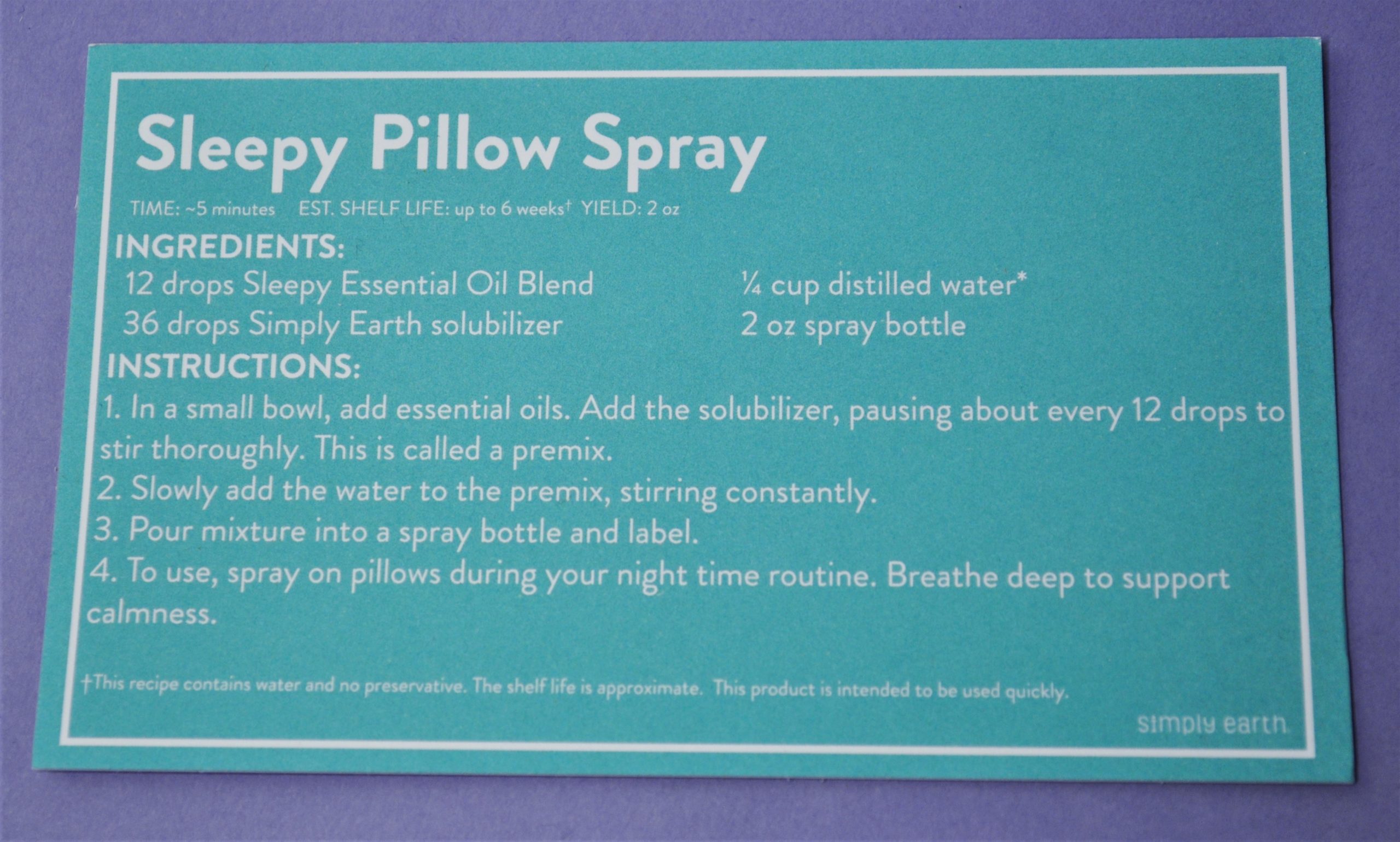 Sleepy Pillow Spray Recipe Card