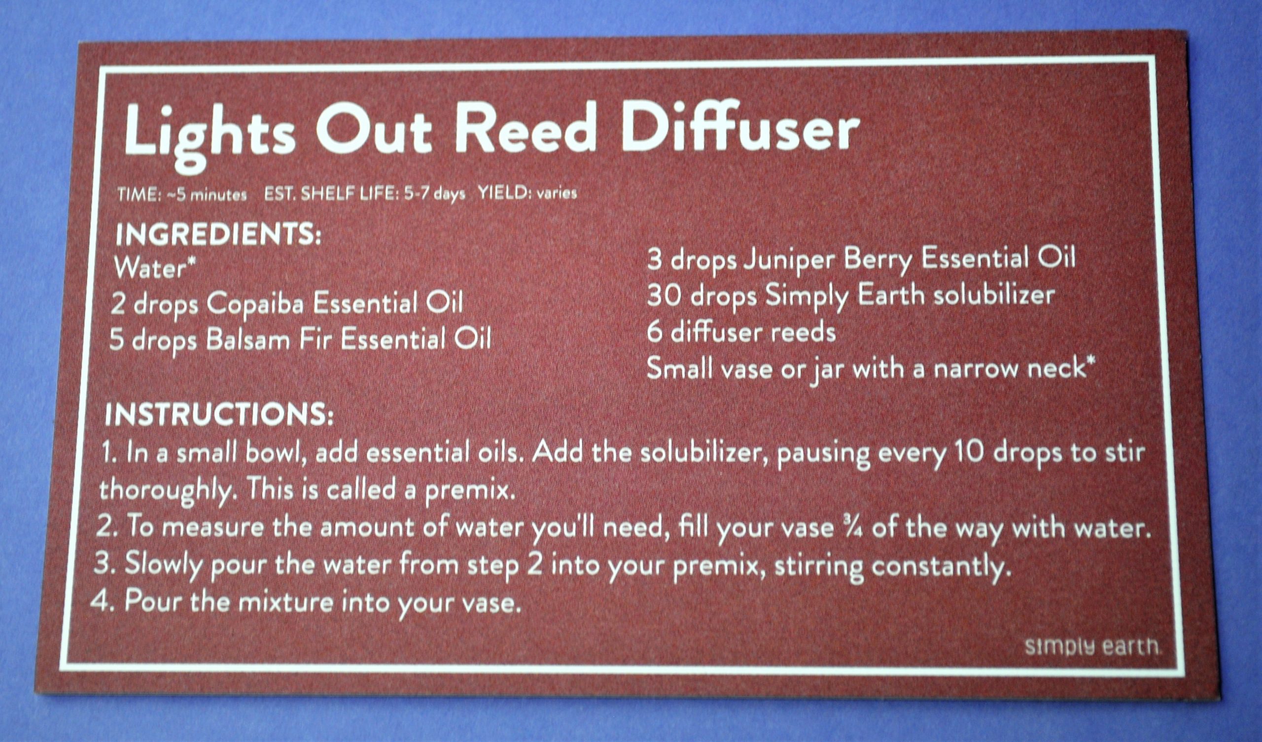 Lights Out Reed Diffuser Recipe Card