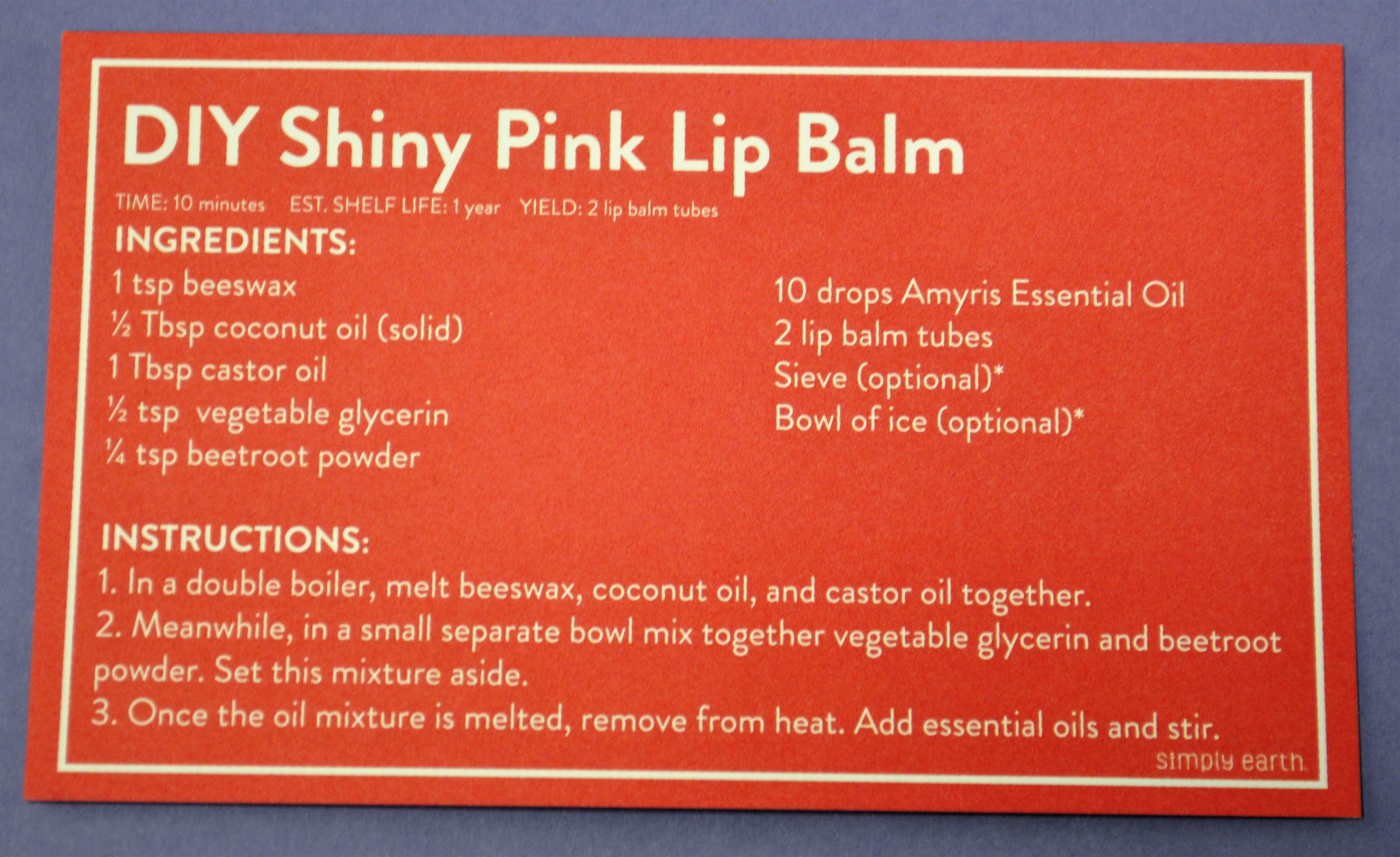 Simply Earth Shiny Lip Gloss Recipe Card