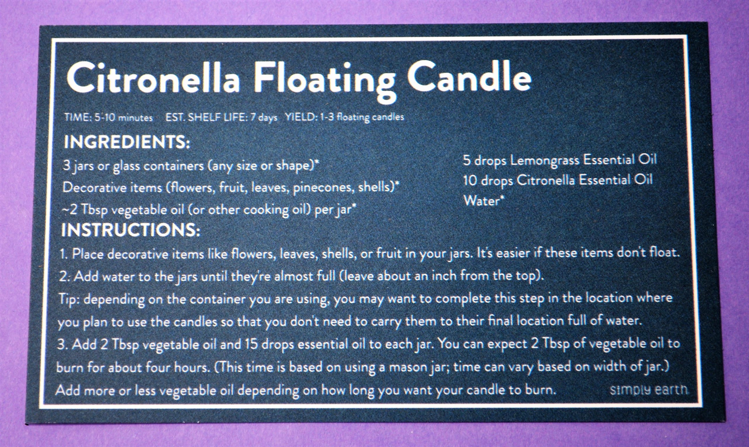 Simply Earth Citronella Floating Candle Recipe