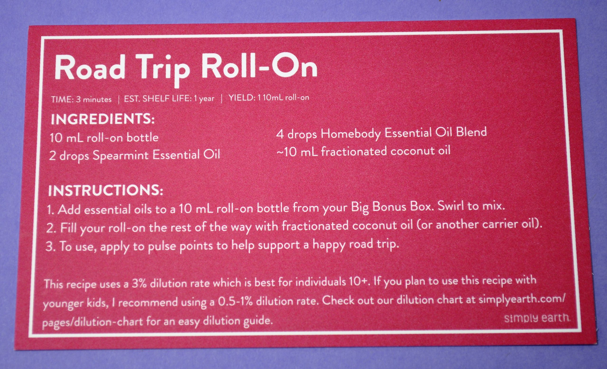 Road Trip Roll On Recipe Card