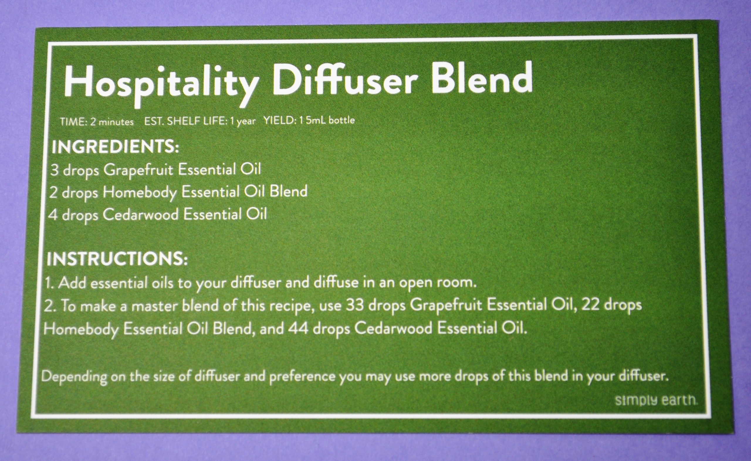 Hospitality Diffuser Blend Recipe Card