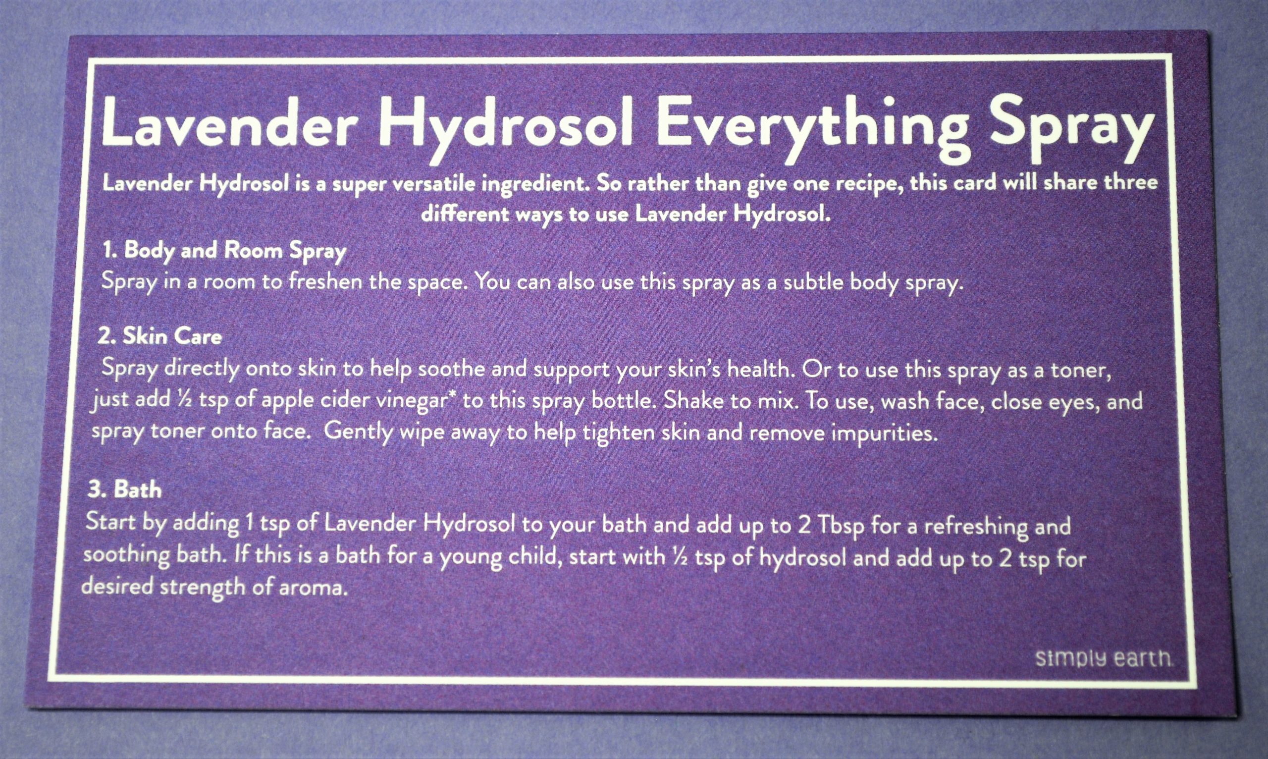 Lavender Hydrosol Everything Spray Instruction Card Simply Earth