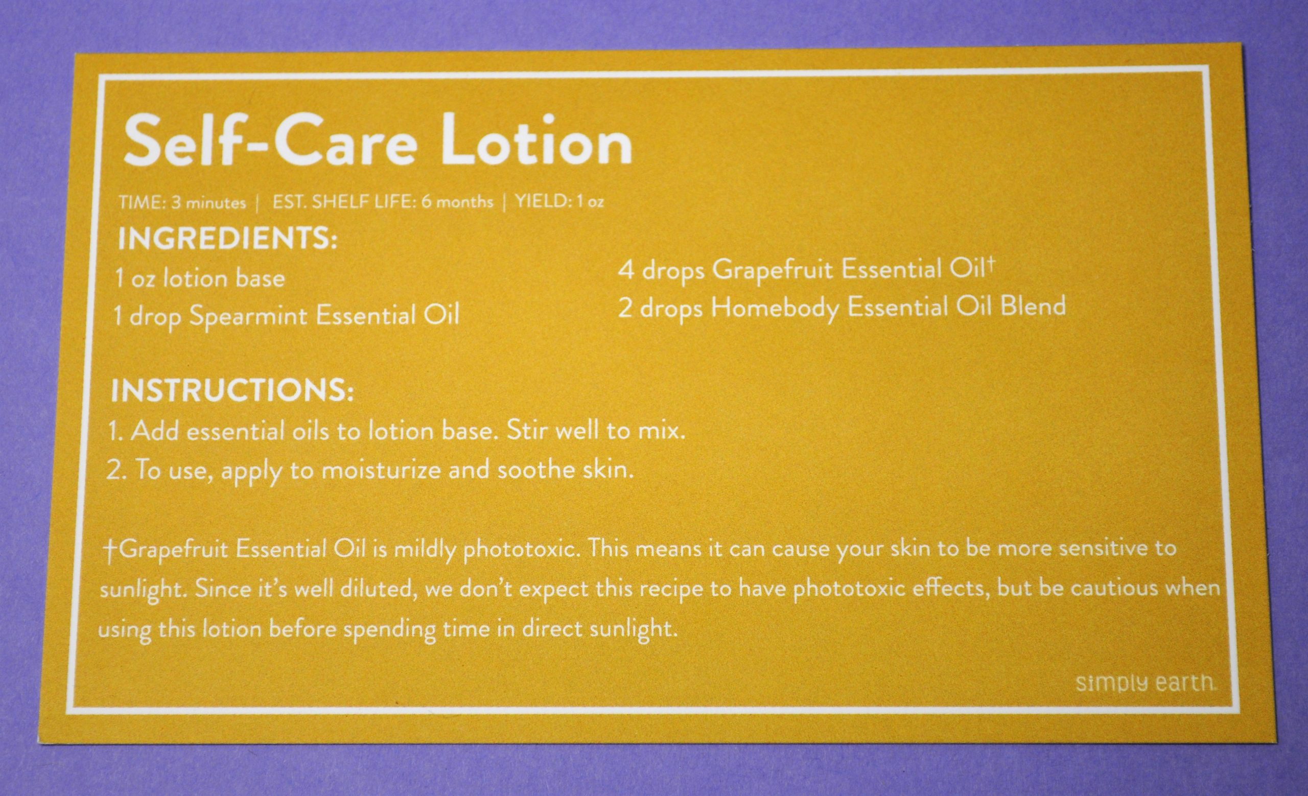 Self Care Lotion Recipe Card