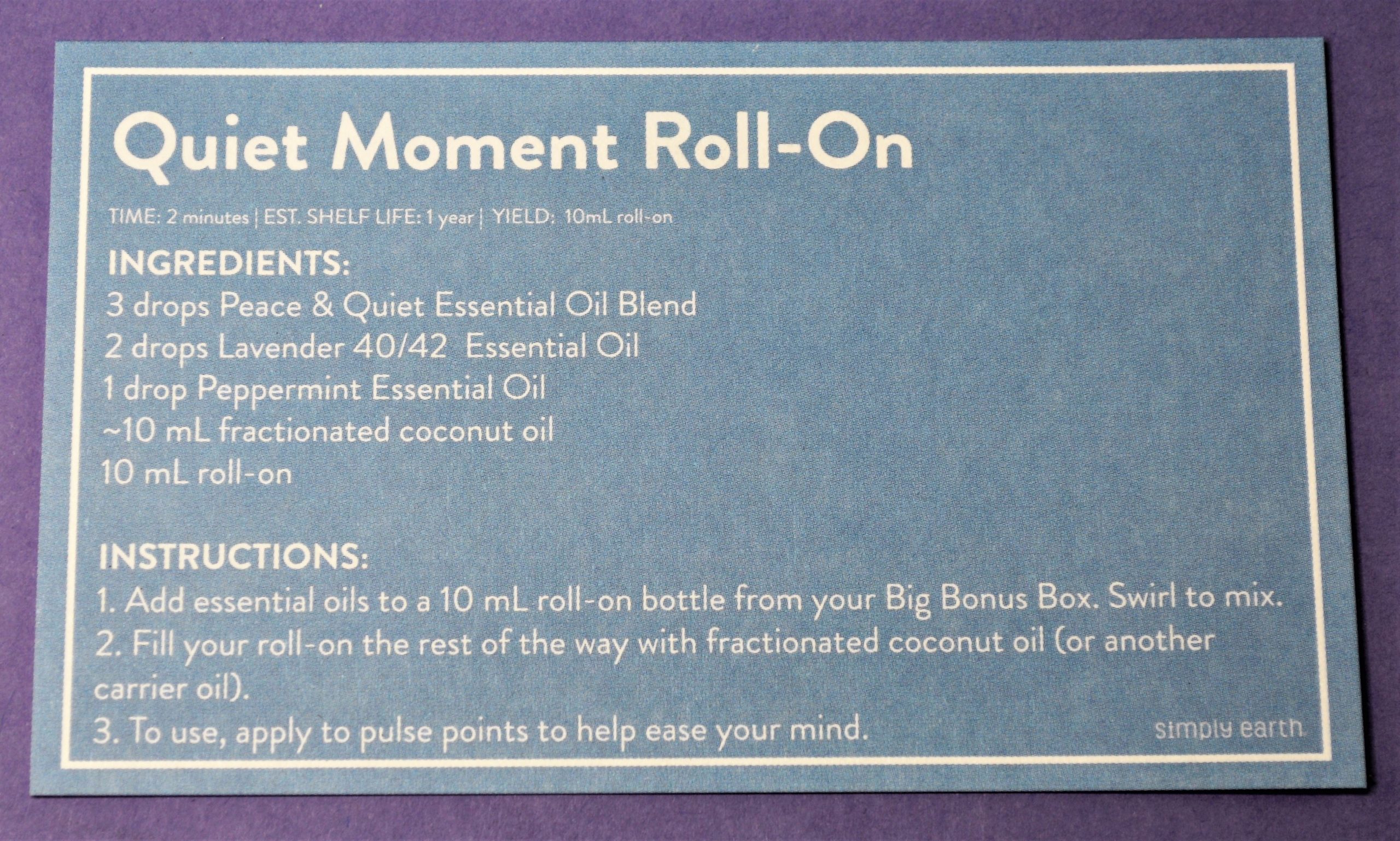 Simply Earth Quiet Moment Roll On Recipe Card