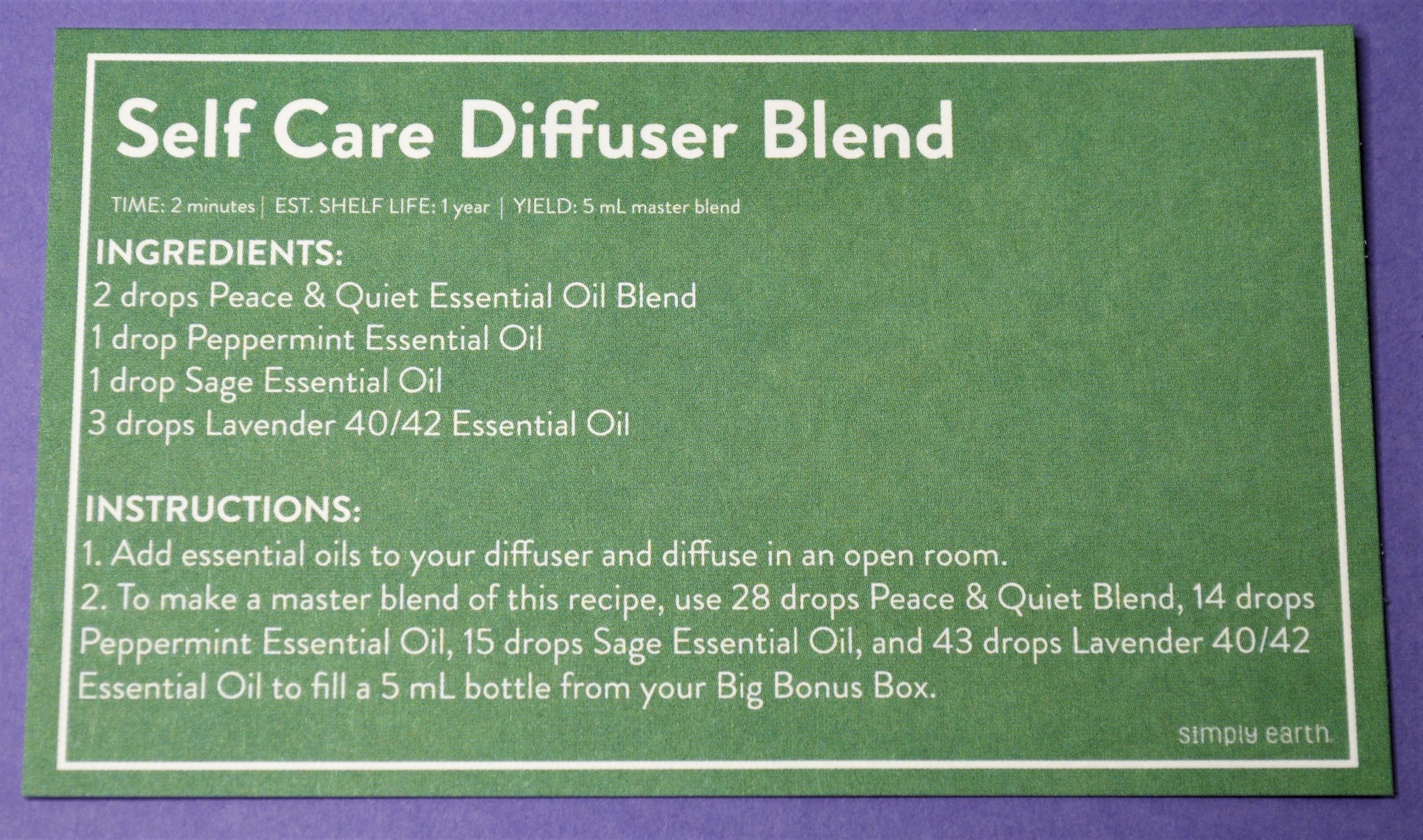 Simply Earth Self Care Master Diffuser Blend Recipe Card