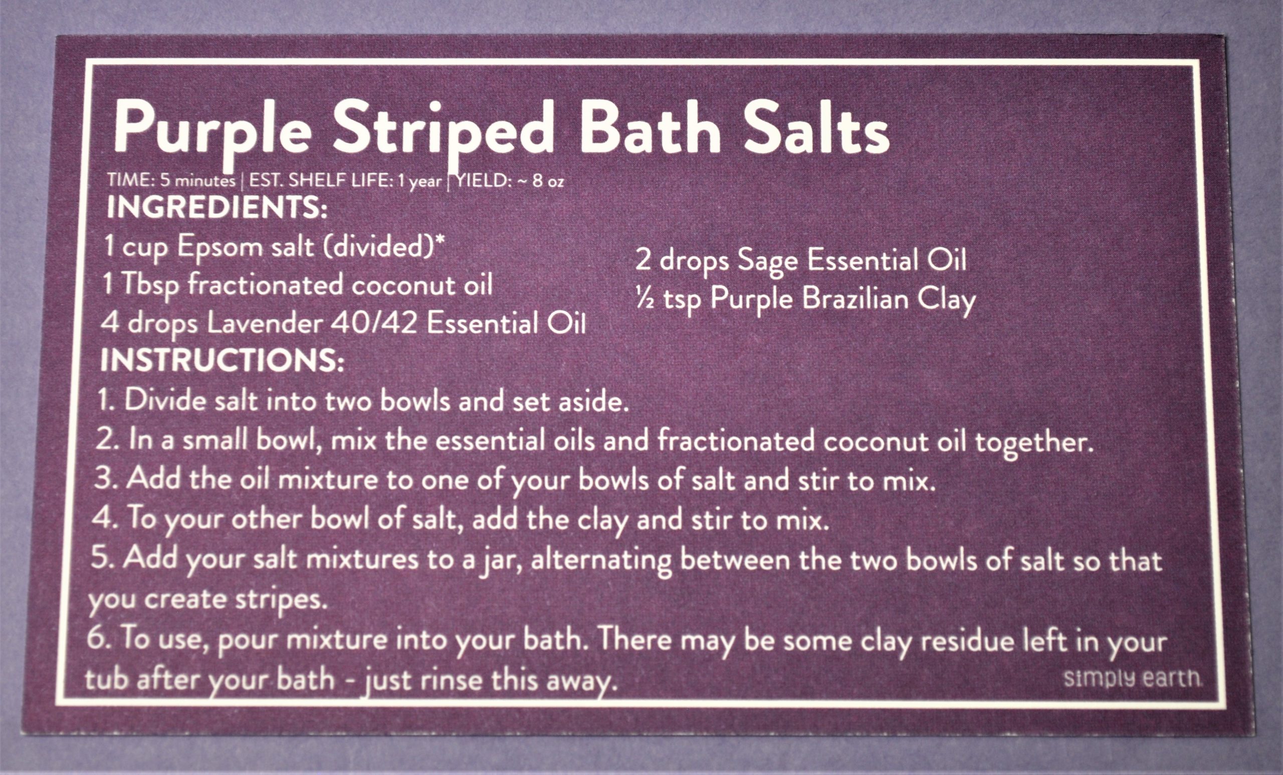 Simply Earth Purple Striped Bath Salts Recipe Card
