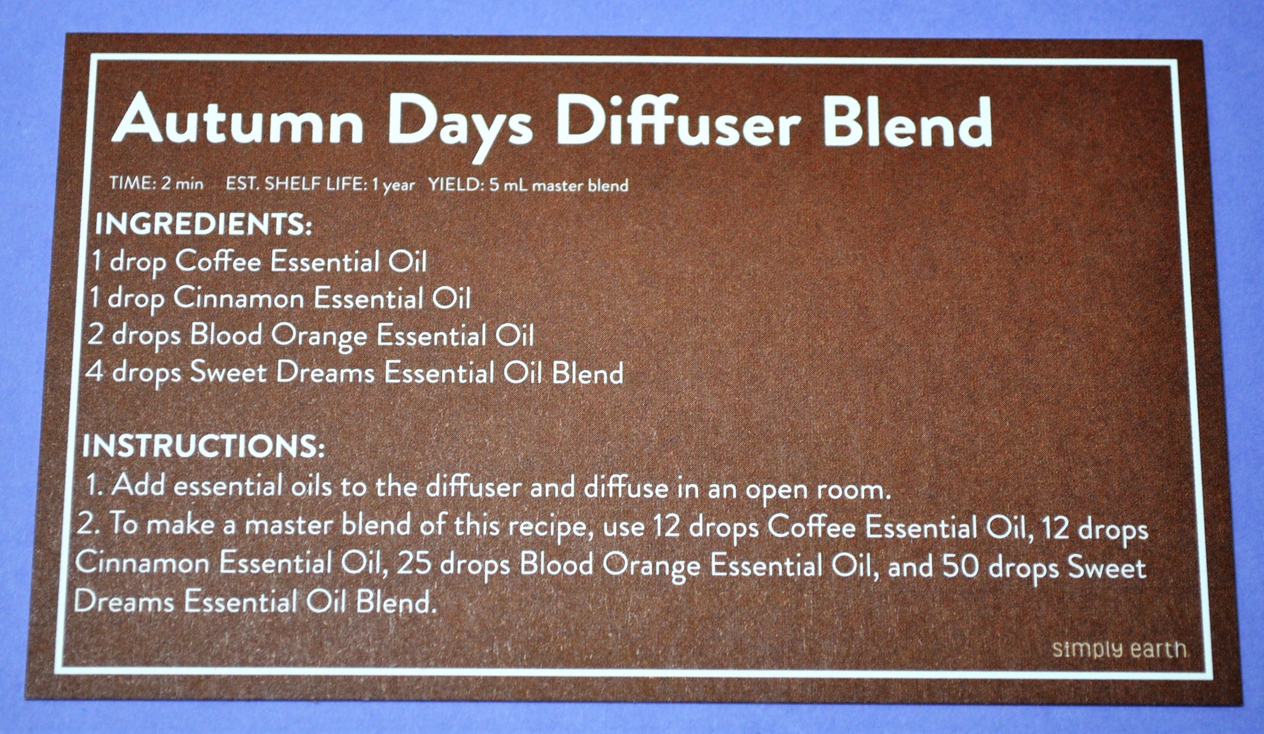 Autumn Days Diffuser Blend Recipe Card