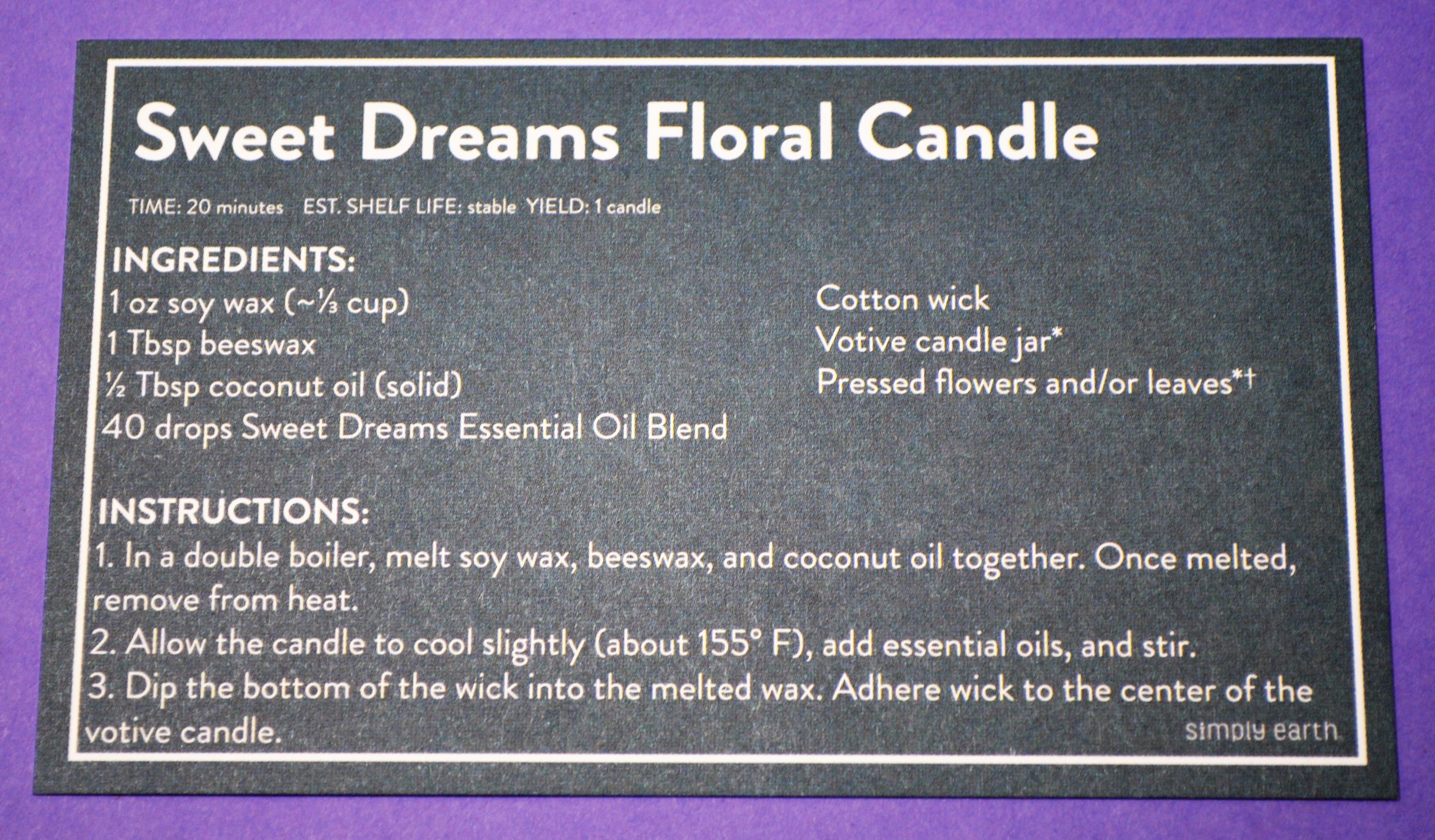 Sweet Dreams Floral Candle Recipe Card