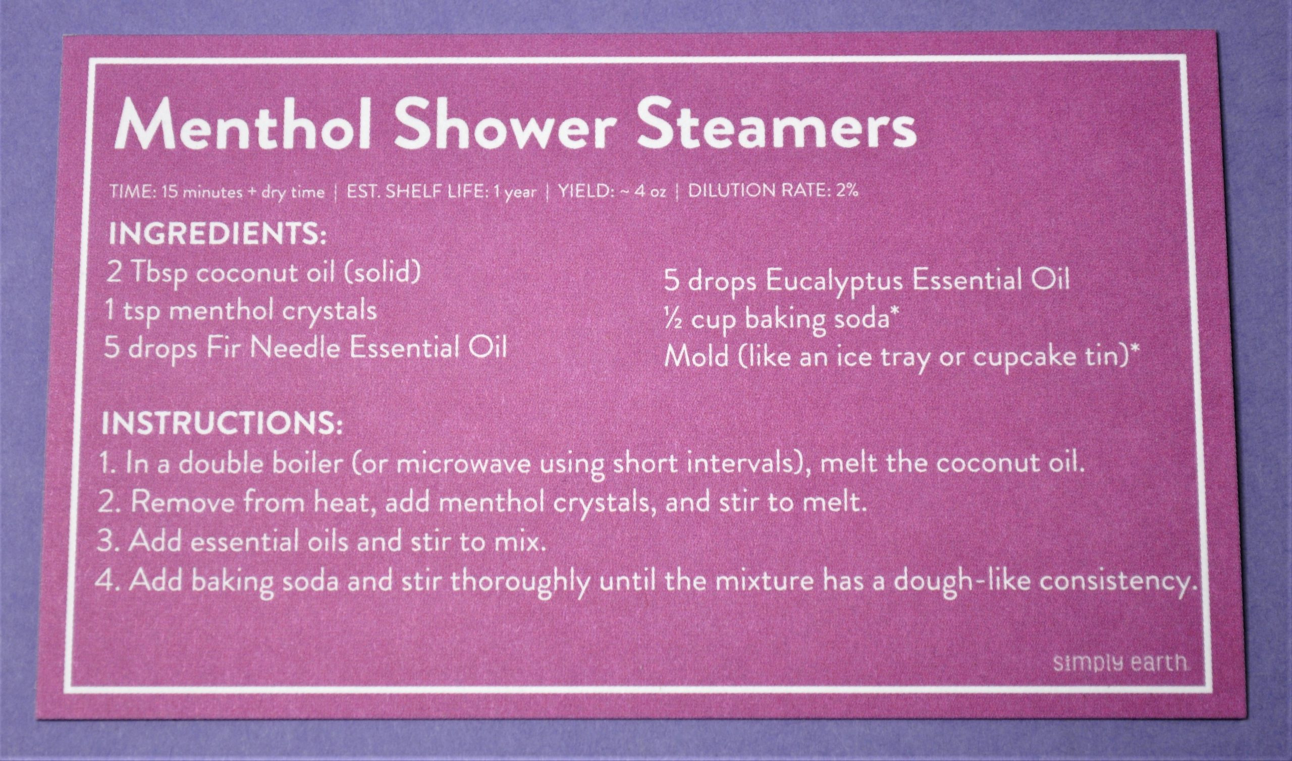 Simply Earth Menthol Shower Steamer Recipe Card