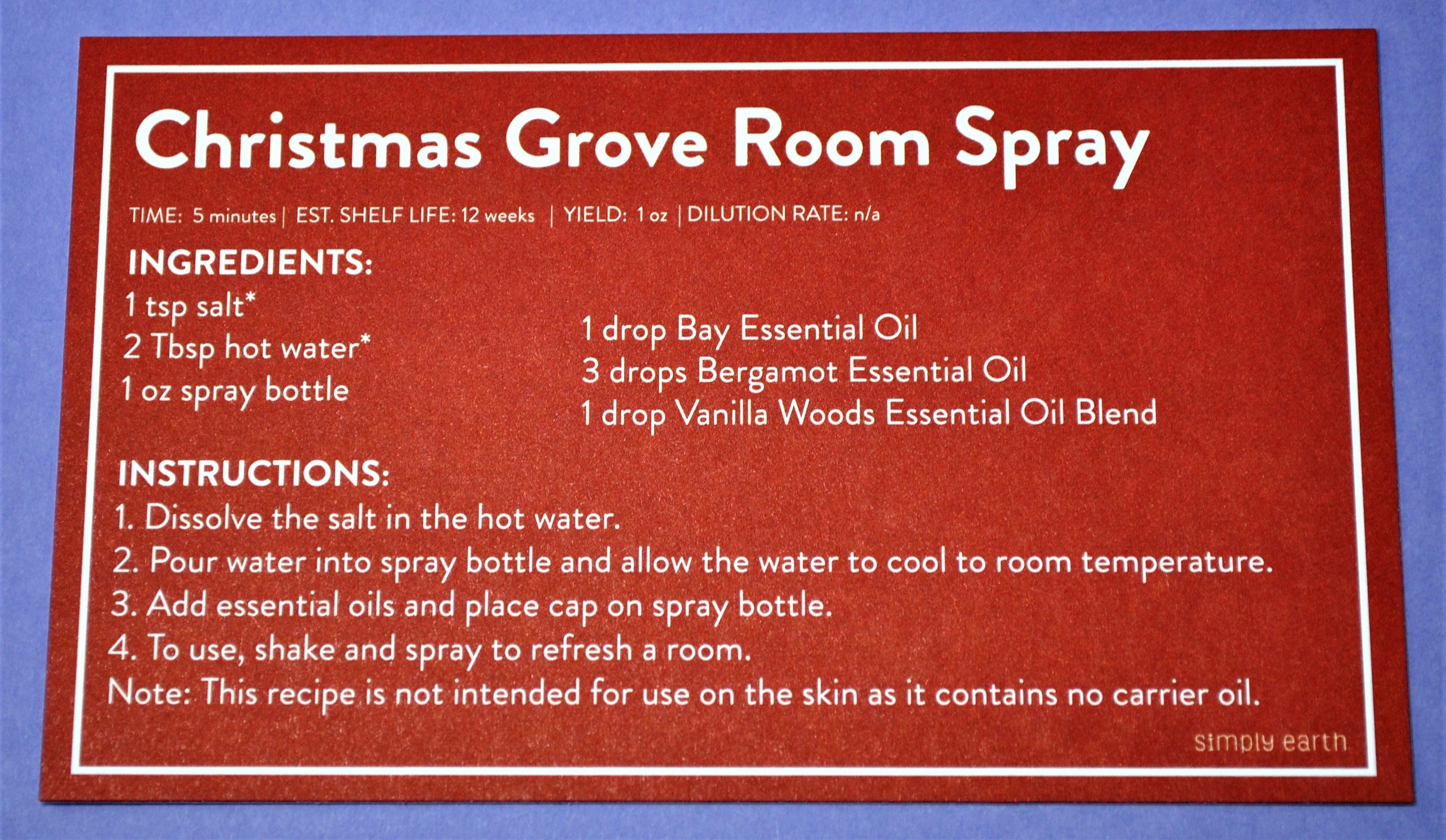 Christmas Grove Room Spray Recipe Card