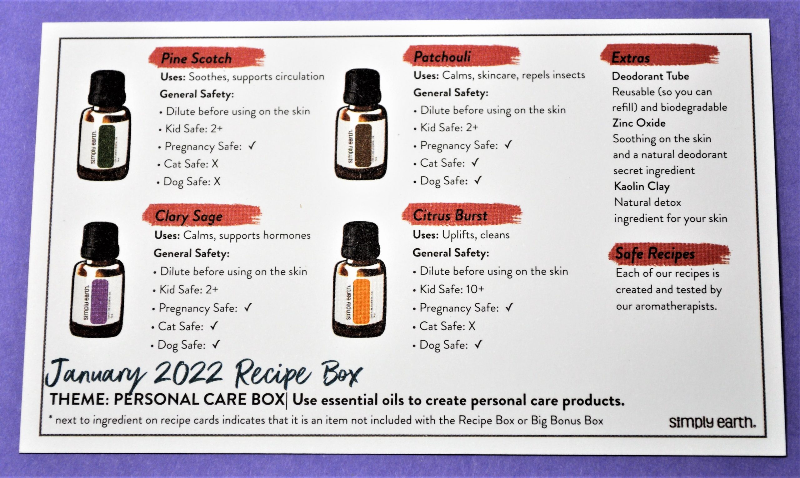Simply Earth Essential Oils January 2022 Info Card